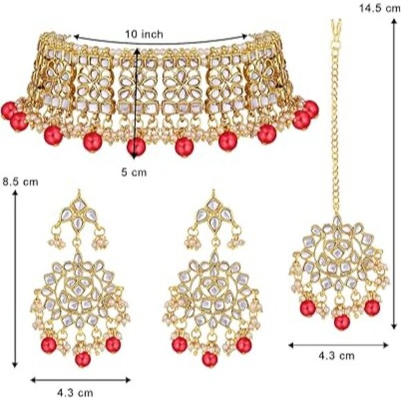 Aheli Kundan Studded Choker Necklace Earrings and Maang Tikka Set - Picture 5 of 7